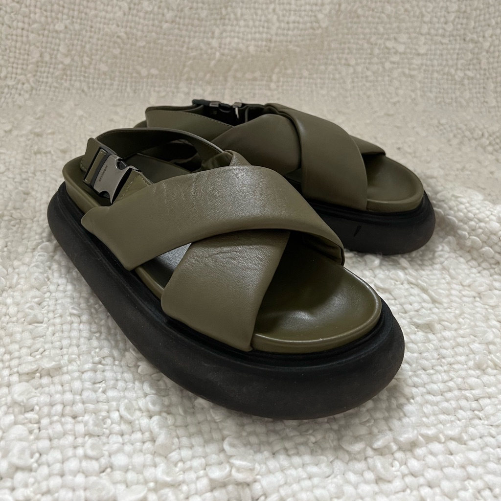 Moncler Crossover-Strap Leather Sandals Green